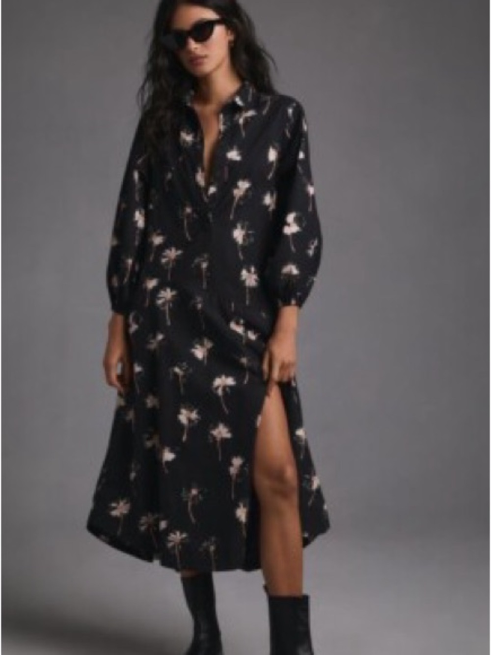 Anthropologie Black Midi Dress with Light Pink Floral Print